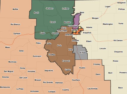 This map shows the latest staff plan for Colorados congressional districts.