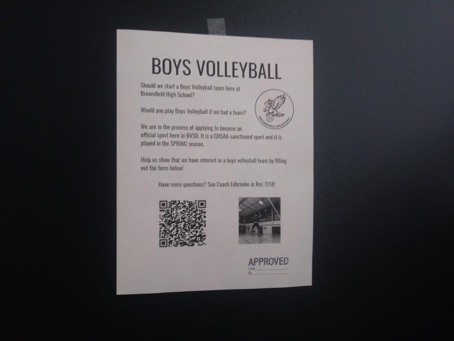 Flyers around Broomfield High School advertise the potential creation of an official boys volleyball team.