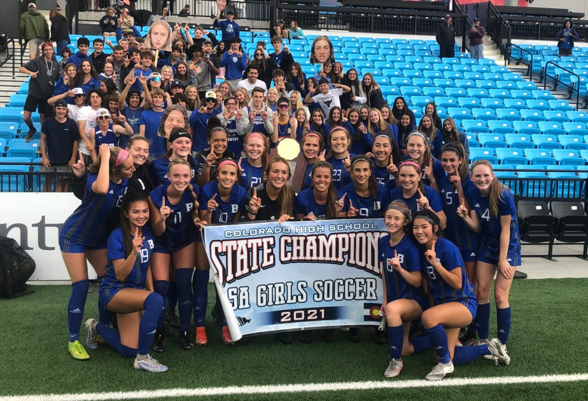 Girls soccer poses for a photo after winning the state championship in Colorado Springs in the 2021 season. Will 2025 be another power year for the team?